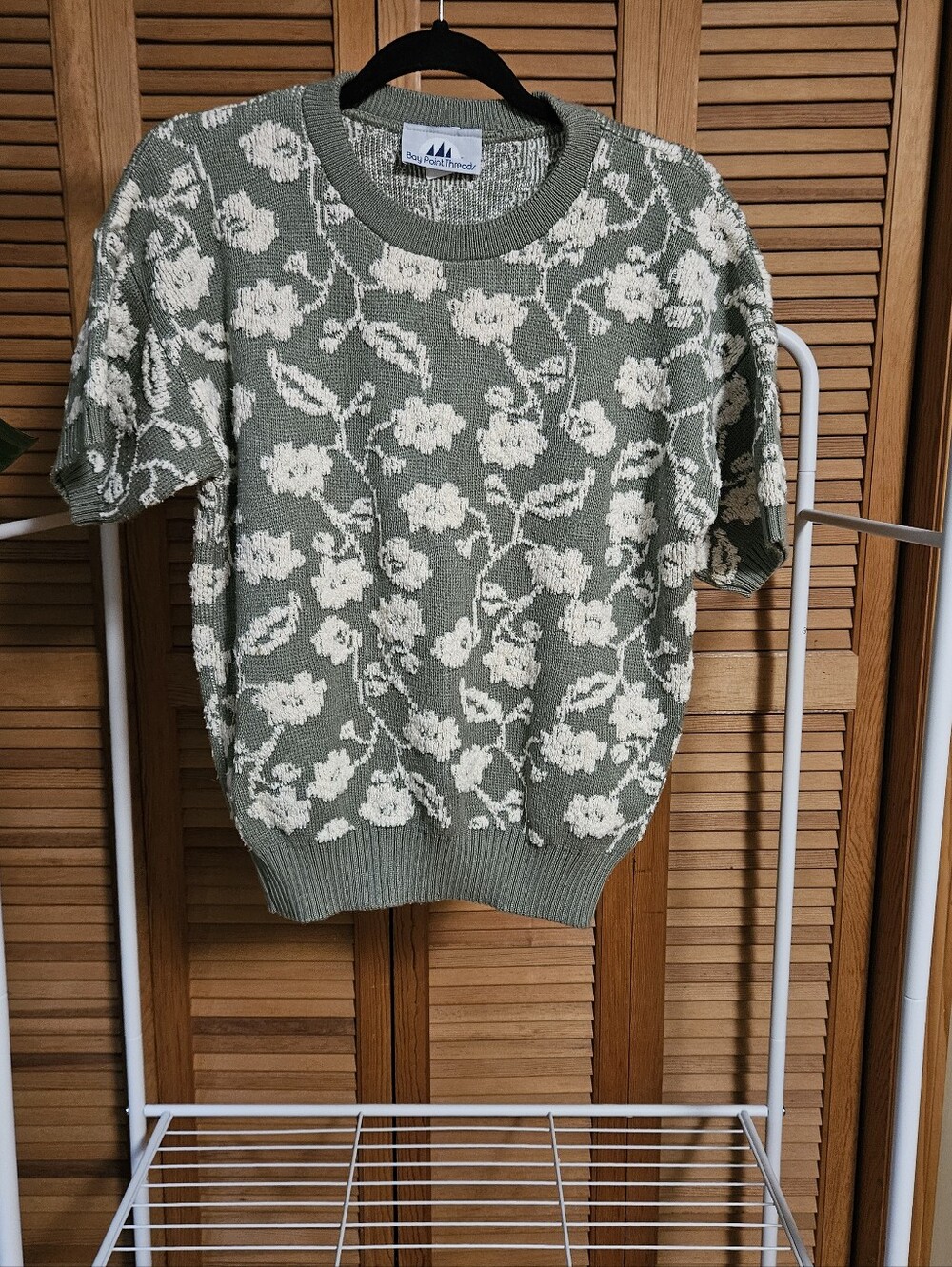 Vintage 90s Knitted Cottagecore Granola Floral Sage Green Short Sleeve Sweater